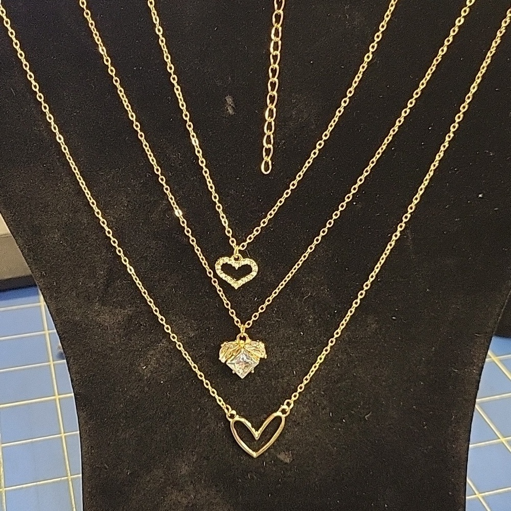 Gold Tone 3 Strand Heart Layer Rhinestone Necklace 20" +3" Extension